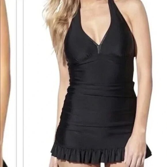Assets by Spanx Black One Piece Swimsuit Dress Skirted Size Small - Picture 1 of 6